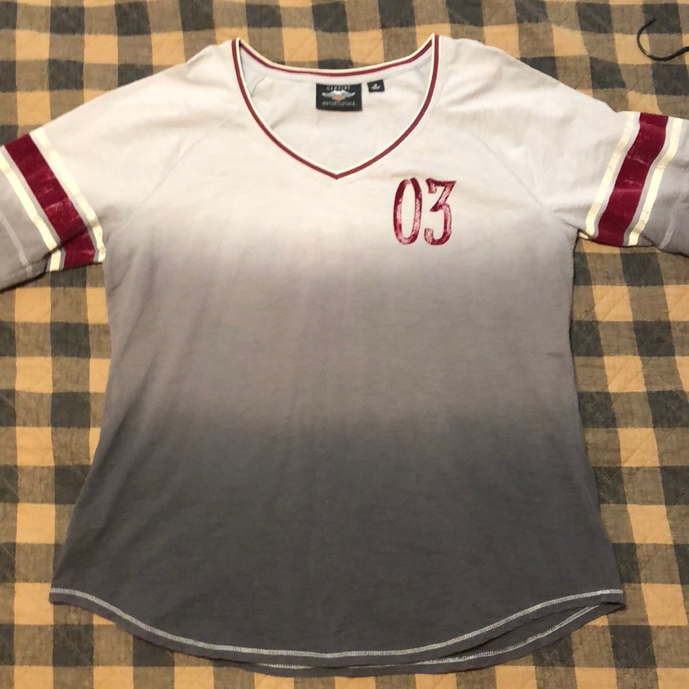 Women’s Harley Davidson Gray White and Red Half Sleeve Shirt Top Blouse
